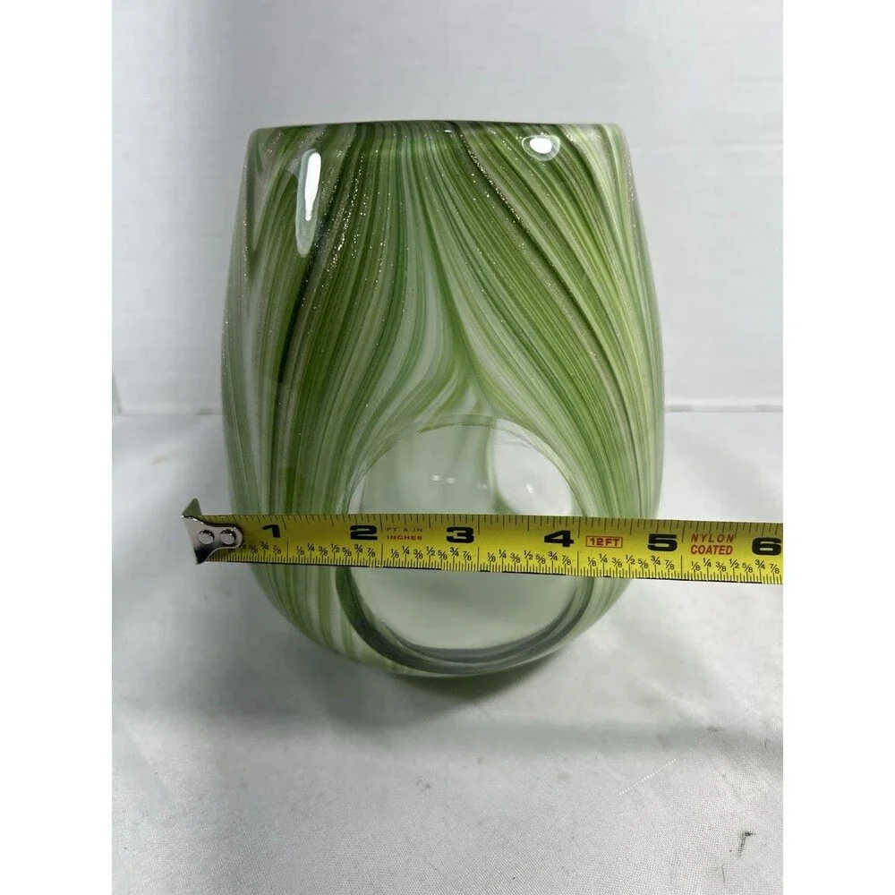Hand Blown Art Glass Candle Holder Green White Swirl Gold Glitter 7” Tealight